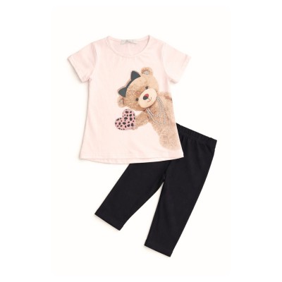 Σετ Μπλούζα & Κολάν Κάπρι/Αρκουδάκι με στρας Ροζ Κουφετι