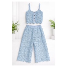 Σετ Crop Top & Παντελόνα Δαντέλα/Σιέλ