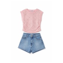Σετ Μπλούζα Με Διαφάνεια Με Πουλιες & Σορτς Τζιν /Ροζ