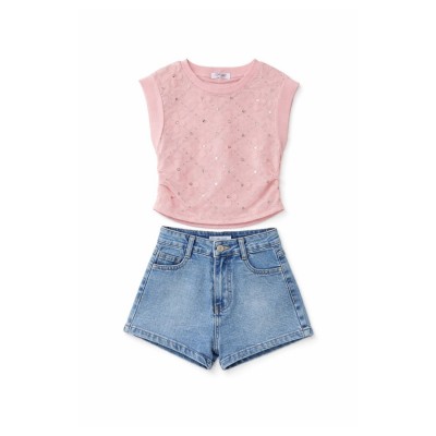 Σετ Μπλούζα Με Διαφάνεια Με Πουλιες & Σορτς Τζιν /Ροζ