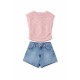 Σετ Μπλούζα Με Διαφάνεια Με Πουλιες & Σορτς Τζιν /Ροζ