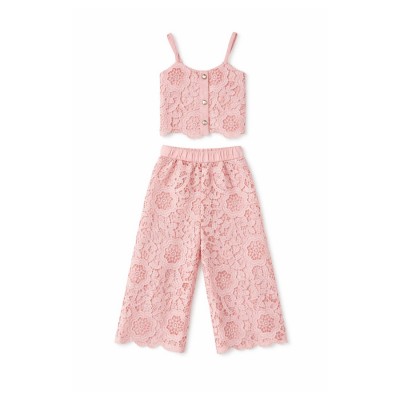 Σετ Crop Top & Παντελόνα Δαντέλα/Ροζ