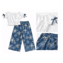 Σετ Crop Top & Παντελόνα Denim με Κέντημα Λουλούδια