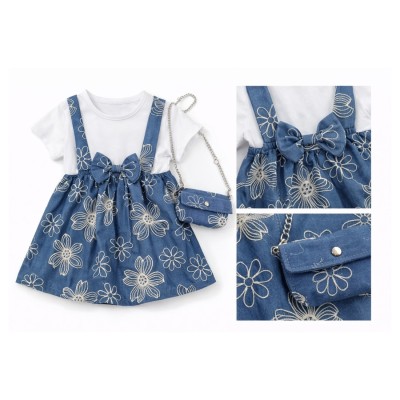 Φόρεμα Denim με Κέντημα Λουλούδια  & Τσαντάκι