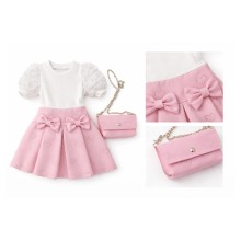 Φόρεμα με Ανάγλυφο Μανίκι & Στρας Καρδούλες  & Τσαντ΄άκι/Ροζ