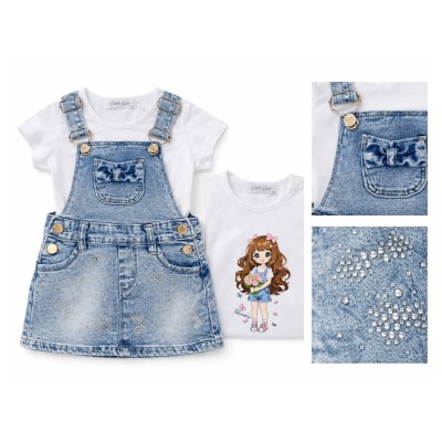 Τζιν Σαλοπέτα  με Στρας Λεπτομέρειες και Λευκό Μπλουζάκι 