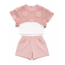 Σετ 3τμχ.Crop Top Με Τοπάκι & Σορτς Λινό /3D Λουλόύδια  Ροζ