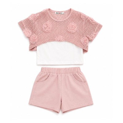 Σετ 3τμχ.Crop Top Με Τοπάκι & Σορτς Λινό /3D Λουλόύδια  Ροζ
