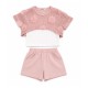 Σετ 3τμχ.Crop Top Με Τοπάκι & Σορτς Λινό /3D Λουλόύδια  Ροζ