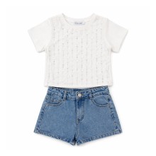 Σετ Μπλούζα Με Διαφάνεια Με Πουλιες & Σορτς Τζιν /Λευκό