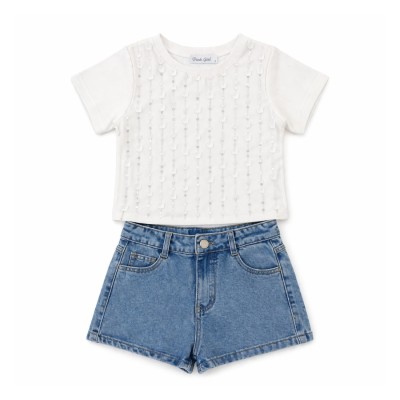 Σετ Μπλούζα Με Διαφάνεια Με Πουλιες & Σορτς Τζιν /Λευκό