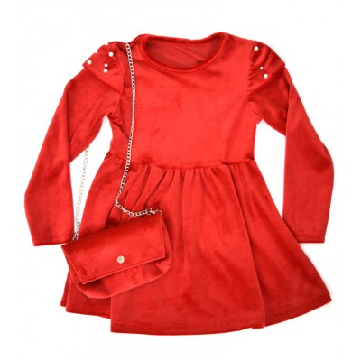 Φόρεμα βελούδο με πέρλες & Τσαντάκι Κόκκινο ΔΩΡΟ ΣΤΕΚΑ