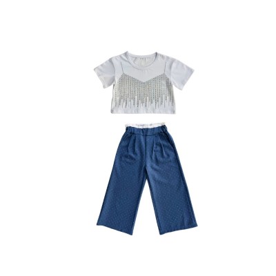 Σετ Crop Top & Παντελόνα/Στρας Λευκό