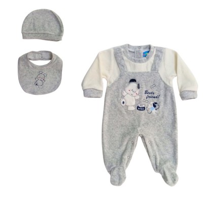 Σετ 3τμχ. Φορμάκι βελουτέ,Σκουφάκι & Σαλιάρα/Bears-Dogs Γκρι