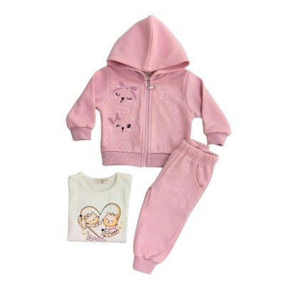 Σετ 3τεμ Φόρμα Ζακέτα,Μπλούζα & Παντελόνι/Γατούλες Ροζ