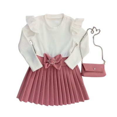 Σετ Φόρεμα & Τσαντάκι με Στρας & Φιόγκος Ροζ