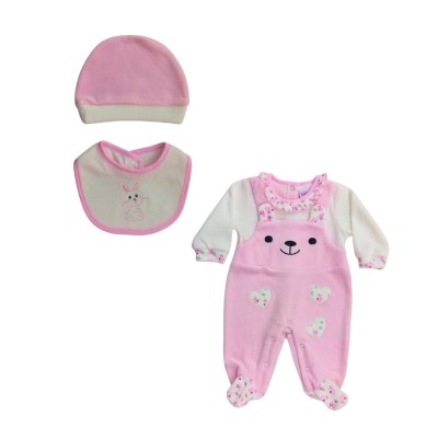 Σετ 3τεμ. Φορμάκι Βελουτέ,Σκουφάκι & Σαλιάρα/Αρκουδάκι Ροζ