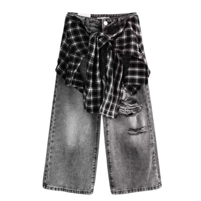 Παντελόνα Τζιν 2 Τμχ Με Σκίσιμο Και Αξεσουάρ Καρό