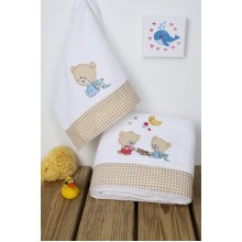 ΠΕΤΣΕΤΑ ΣΕΤ 2 τεμ bebe HAPPY BEARS 21 30X50,70X140 ΛΕΥΚΟ/ΜΠΕΖ Cotton 100%