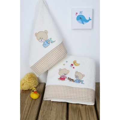 ΠΕΤΣΕΤΑ ΣΕΤ 2 τεμ bebe HAPPY BEARS 22 30X50,70X140 ΕΚΡΟΥ/ΜΠΕΖ Cotton 100%