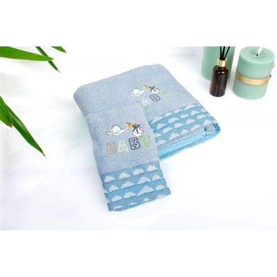 Πετσέτα Με Κέντημα Σετ 2 τεμ bebe Stork 191 30X50,70X140 Sky Blue 100% Cotton