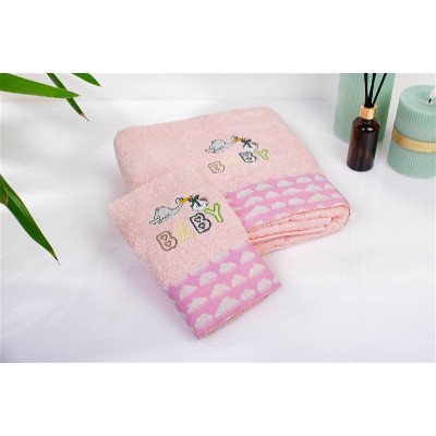 Πετσέτα Με Κέντημα Σετ 2 τεμ bebe Stork 192 30X50,70X140 Pink 100% Cotton